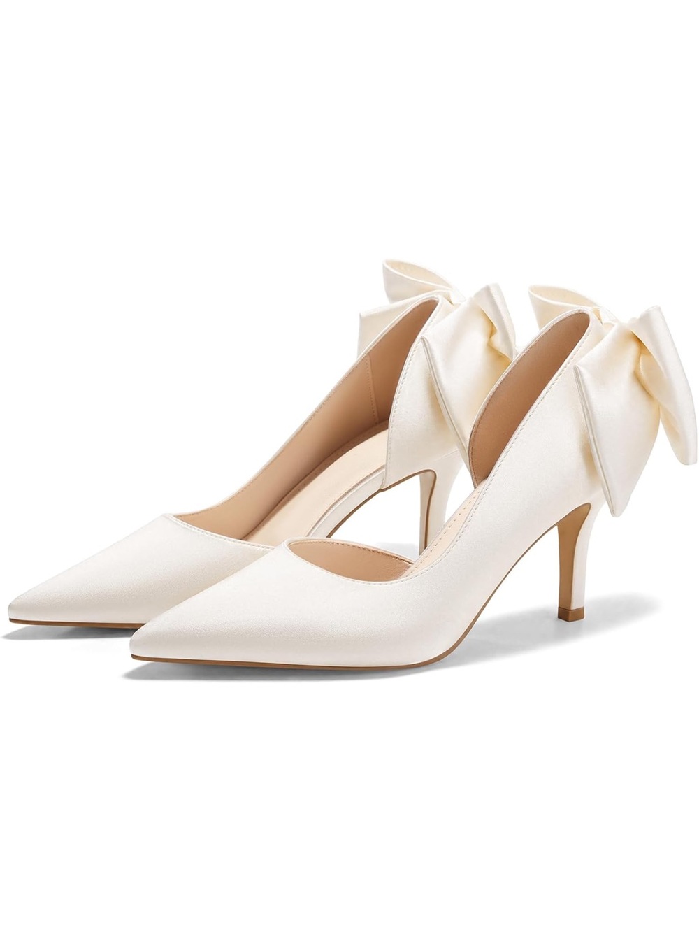 Pointed-Toe Ivory Satin Bow Pumps - Women's Dress Heels